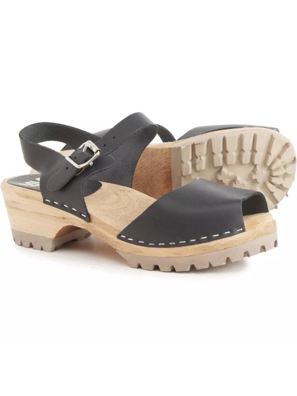 MIA Elin Swedish Clogs Size 40 Black Leather Wooden Shoes NEW Peep Toe NEW